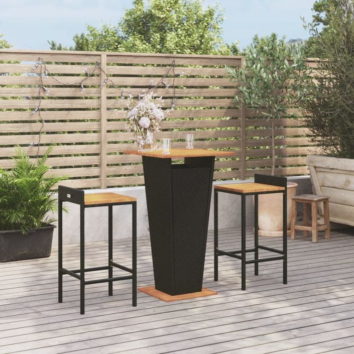 Ensemble de bar jardin 3 pcs noir poly rotin/bois massif acacia - Photo n°2