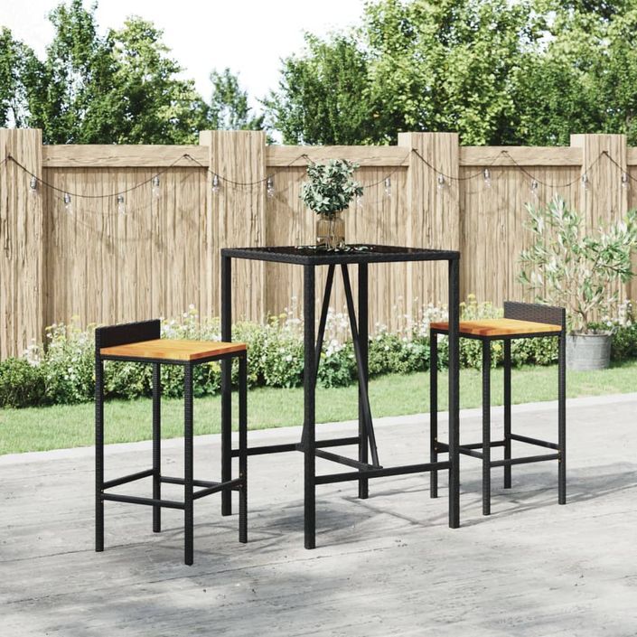 Ensemble de bar jardin 3 pcs noir poly rotin/bois massif acacia - Photo n°2