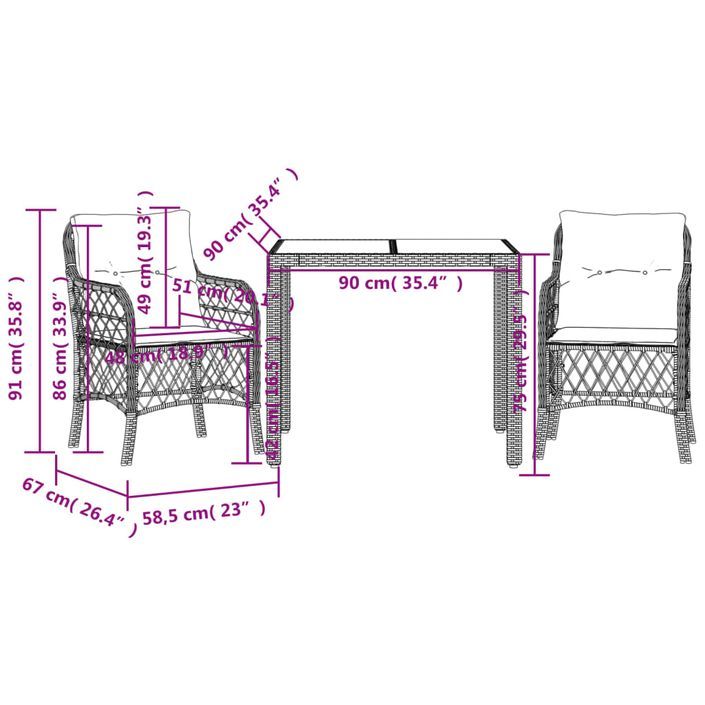 Ensemble de bistro 3 pcs avec coussins gris résine tressée - Photo n°7