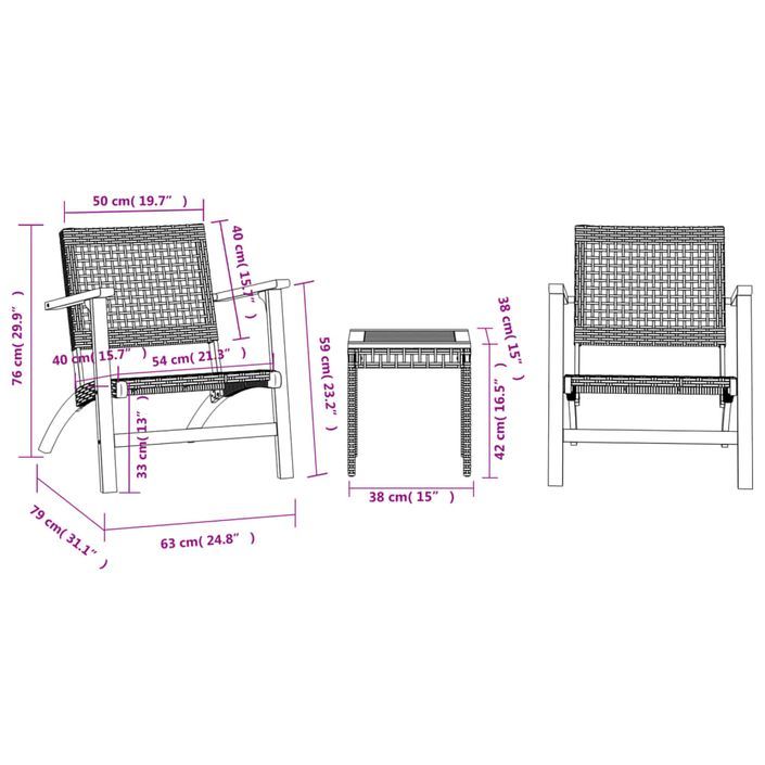 Ensemble de bistro 3 pcs beige résine tressée et bois d'acacia - Photo n°10