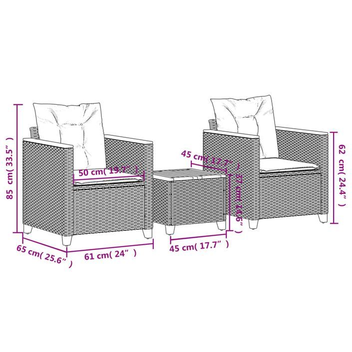 Ensemble de bistro 3 pcs et coussins gris résine tressée acacia - Photo n°8