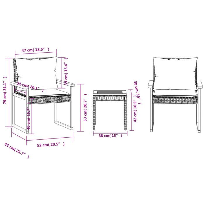 Ensemble de bistro 3 pcs et coussins noir résine tressée acacia - Photo n°11