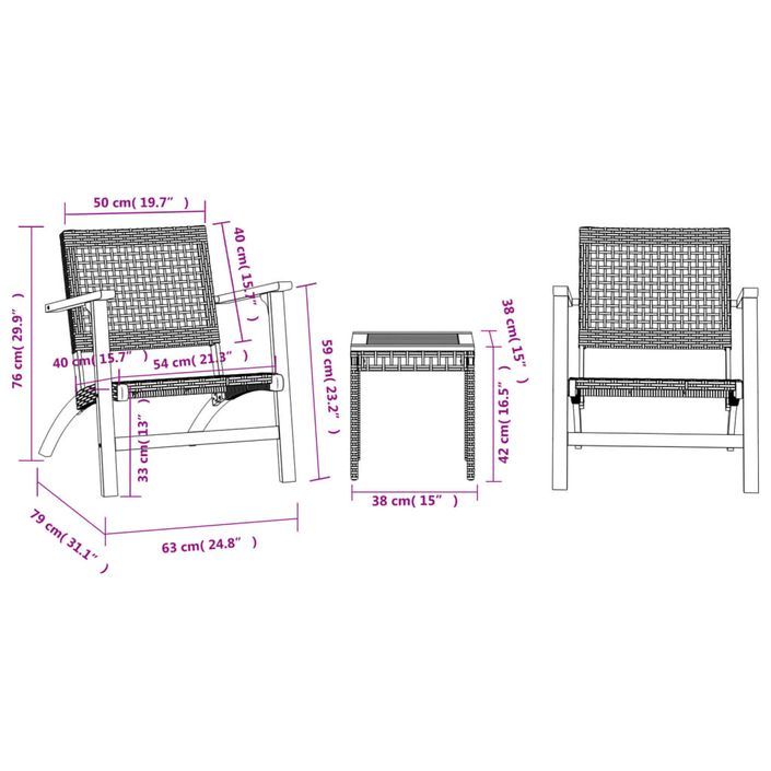 Ensemble de bistro 3 pcs noir résine tressée et bois d'acacia - Photo n°10