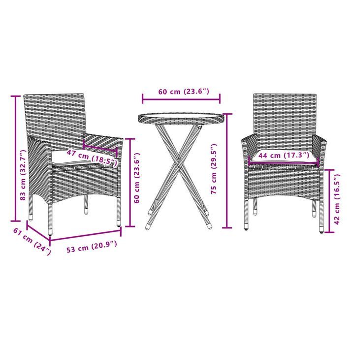 Ensemble de bistro avec coussins 3 pcs gris rotin et verre - Photo n°7