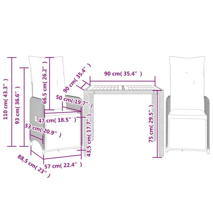 Ensemble de bistro de jardin 3 pcs coussins noir poly rotin - Photo n°7