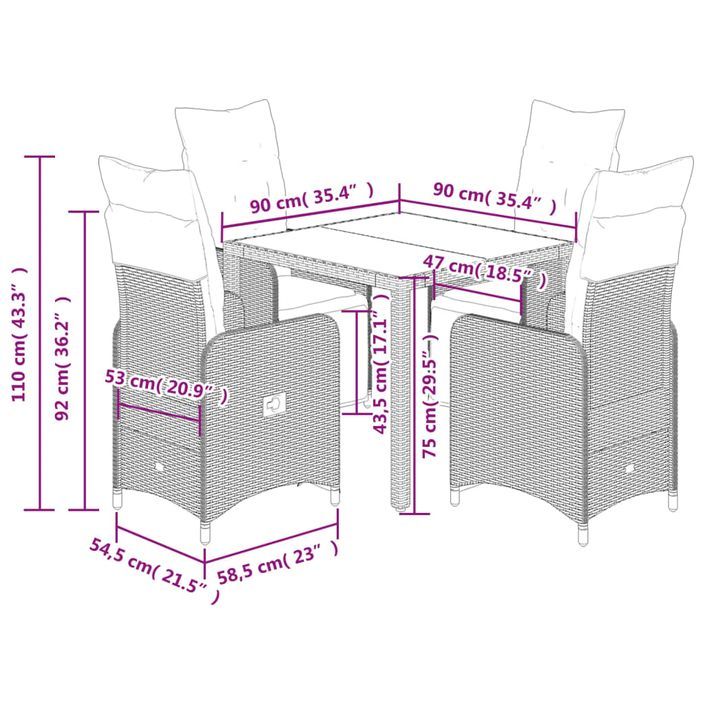 Ensemble de bistro de jardin 5 pcs coussins marron poly rotin - Photo n°7