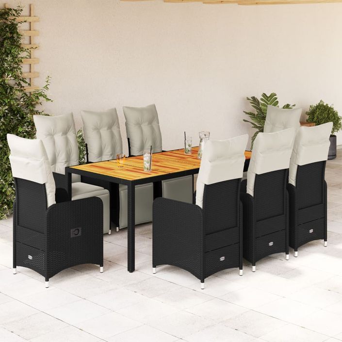 Ensemble de bistro de jardin 9 pcs coussins noir poly rotin - Photo n°1