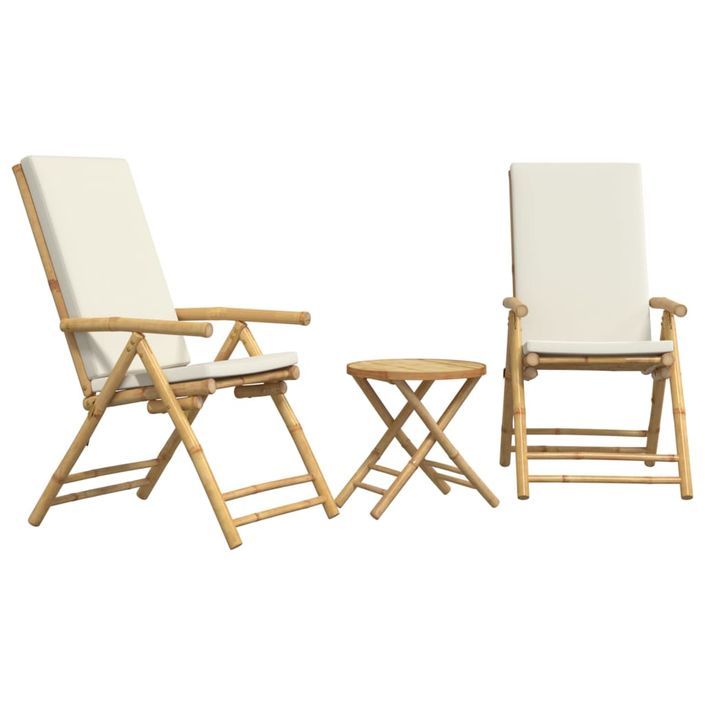 Ensemble de bistro pliante 3 pcs et coussins blanc crème bambou - Photo n°1