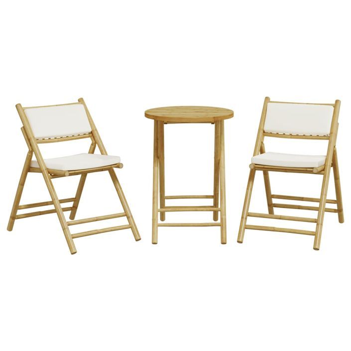 Ensemble de bistro pliante 3 pcs et coussins blanc crème bambou - Photo n°4