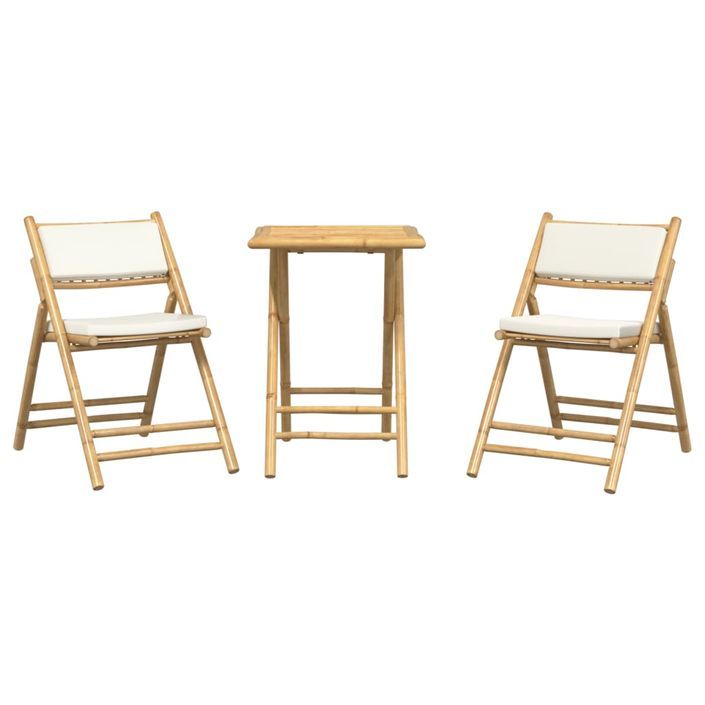 Ensemble de bistro pliante 3 pcs et coussins blanc crème bambou - Photo n°4