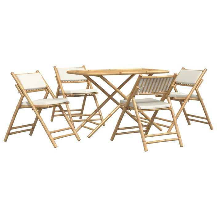 Ensemble de bistro pliante 5 pcs et coussins blanc crème bambou - Photo n°1