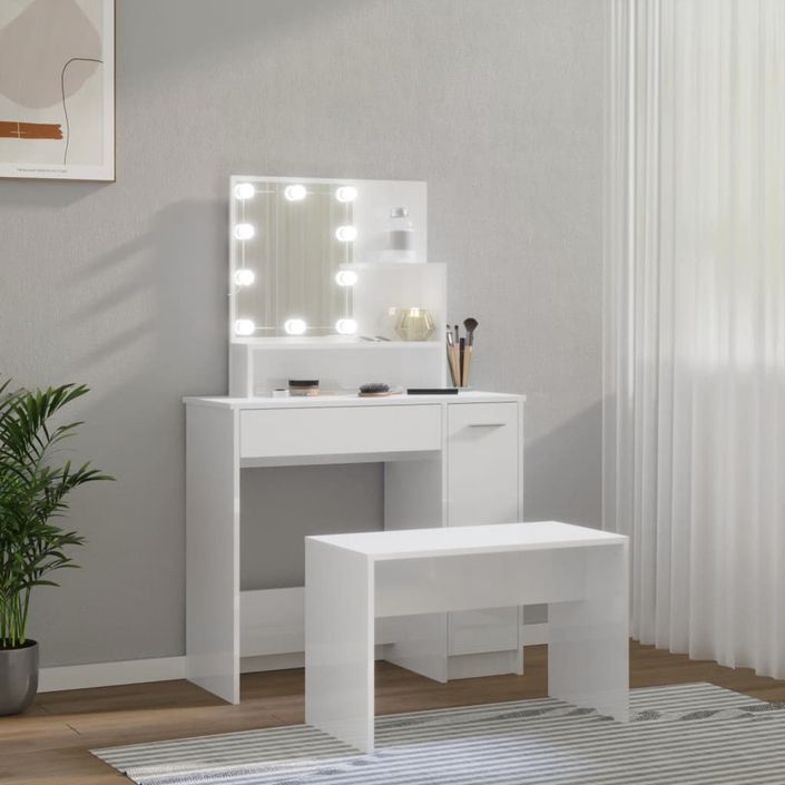 Ensemble de coiffeuse avec LED Blanc brillant Bois d'ingénierie - Photo n°4