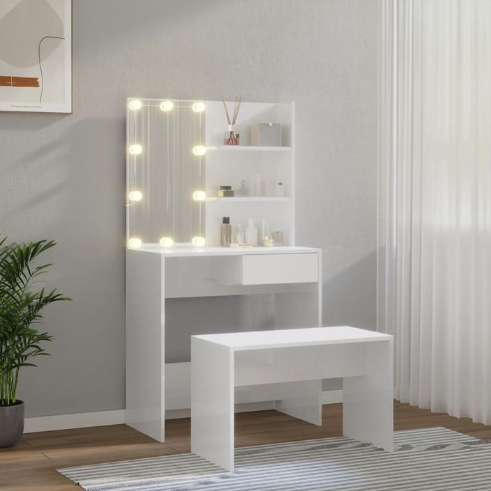 Ensemble de coiffeuse avec LED Blanc brillant Bois d'ingénierie - Photo n°3