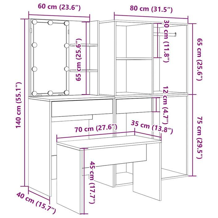Ensemble de coiffeuse avec LED chêne artisanal bois ingénierie - Photo n°12