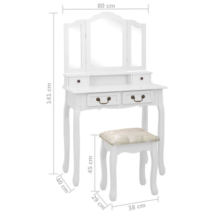 Ensemble de coiffeuse avec tabouret Blanc 80x69x141cm Paulownia - Photo n°12