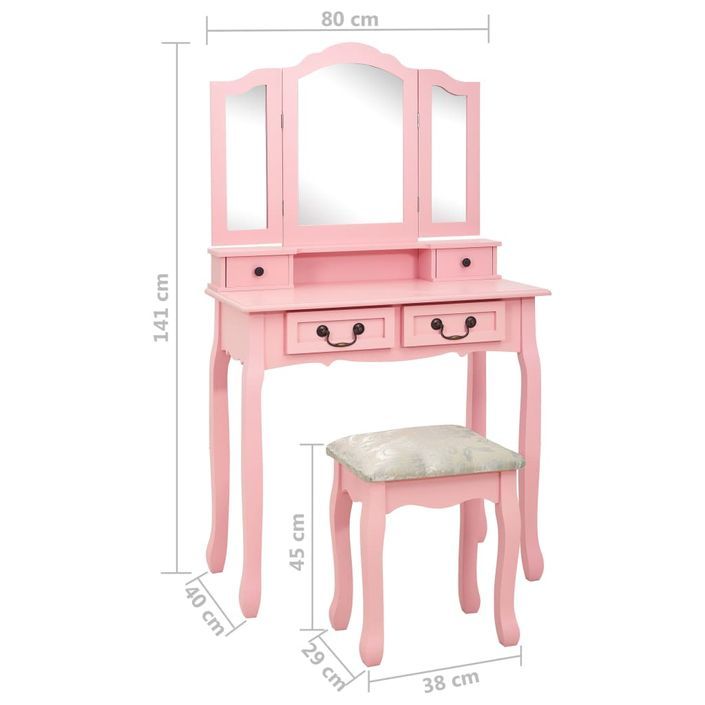 Ensemble de coiffeuse avec tabouret Rose 80x69x141 cm Paulownia - Photo n°12