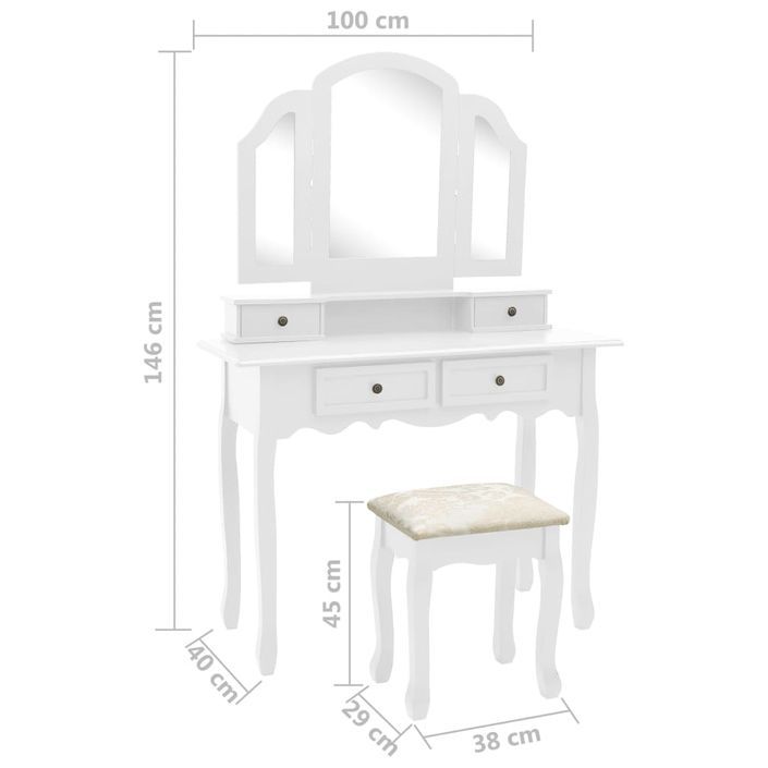 Ensemble de coiffeuse et tabouret Blanc 100x40x146 cm Paulownia - Photo n°12