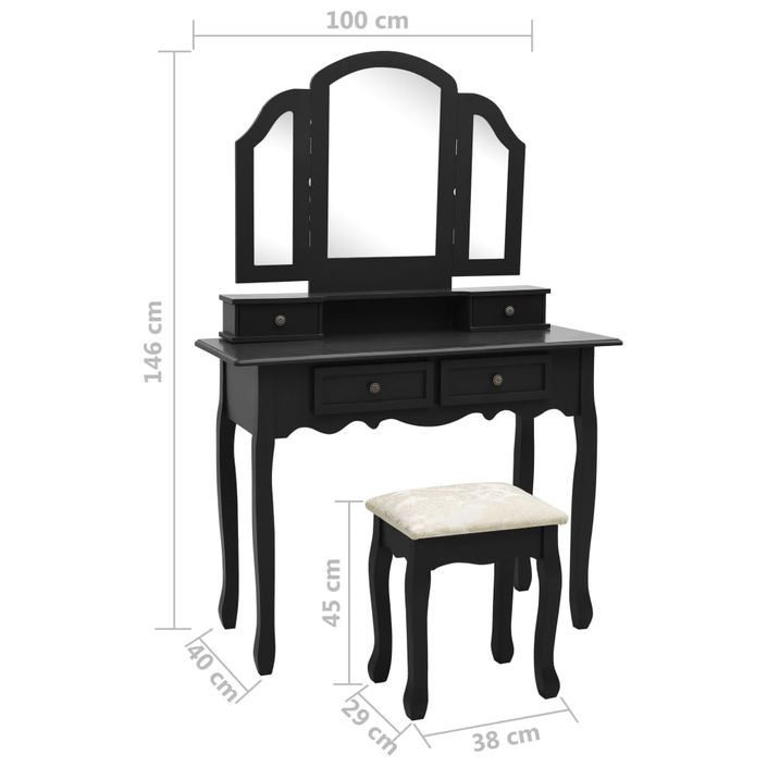 Ensemble de coiffeuse et tabouret Noir 100x40x146 cm Paulownia - Photo n°12