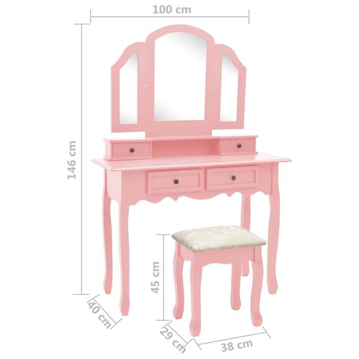 Ensemble de coiffeuse et tabouret Rose 100x40x146 cm Paulownia - Photo n°12