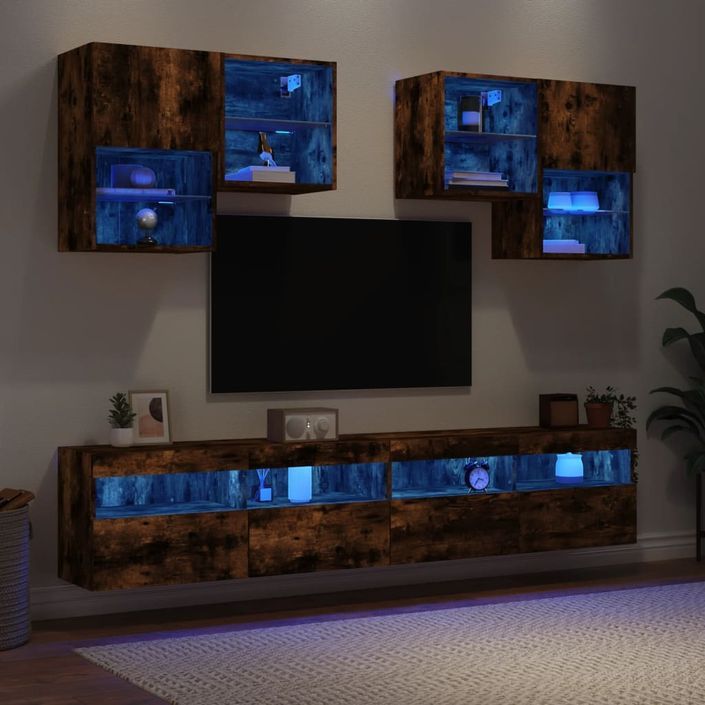 Ensemble de meubles TV muraux 6pcs et lumières LED chêne fumé - Photo n°4