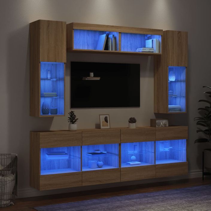 Ensemble de meubles TV muraux 6pcs et lumières LED chêne sonoma - Photo n°3