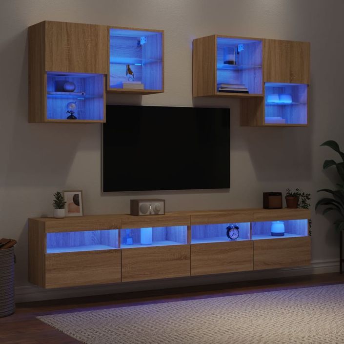 Ensemble de meubles TV muraux 6pcs et lumières LED chêne sonoma - Photo n°4