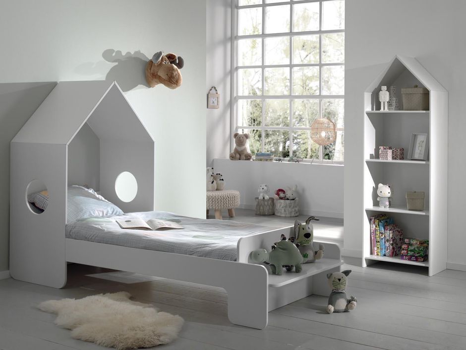 Ensemble lit maison avec banc 90x200 cm et bibliothèque blanche bois laqué Camila - Photo n°1