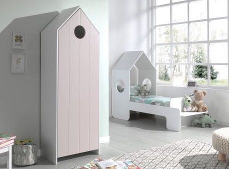 Ensemble lit maison blanc avec banc 70x140 cm et armoire rose bois laqué Camila - Photo n°1