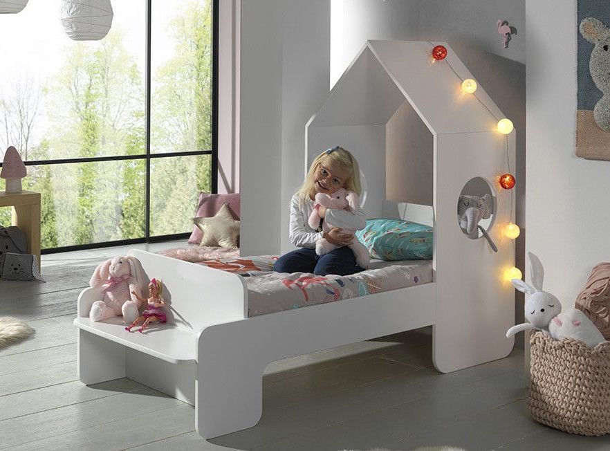 Ensemble lit maison blanc avec banc 70x140 cm et armoire vert bois laqué Camila - Photo n°2
