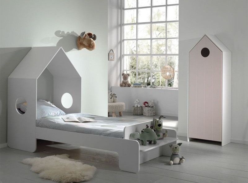 Ensemble lit maison blanc avec banc 90x200 cm et armoire rose bois laqué Camila - Photo n°1