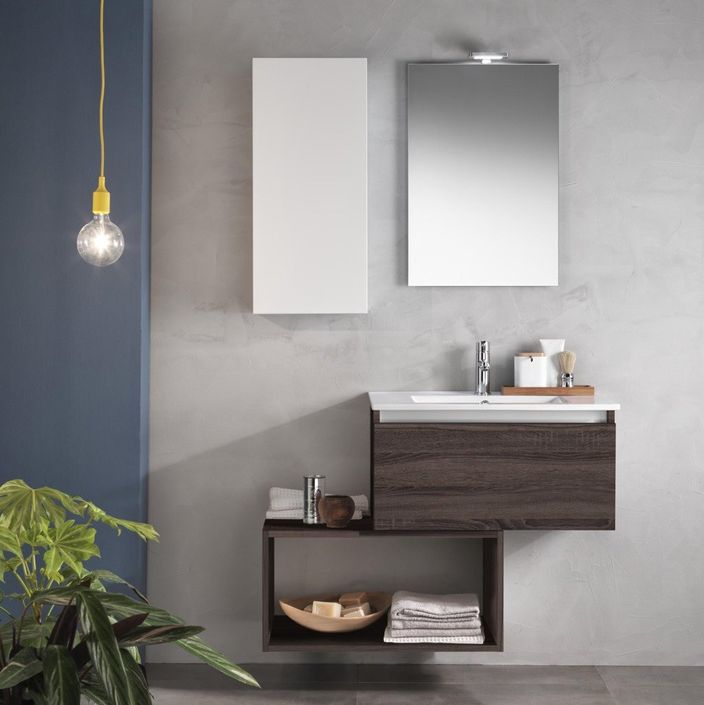 Ensemble meuble de salle de bain 1 étagère 1 armoire bois foncé et miroir lumineux Teph L 70 cm - Photo n°1