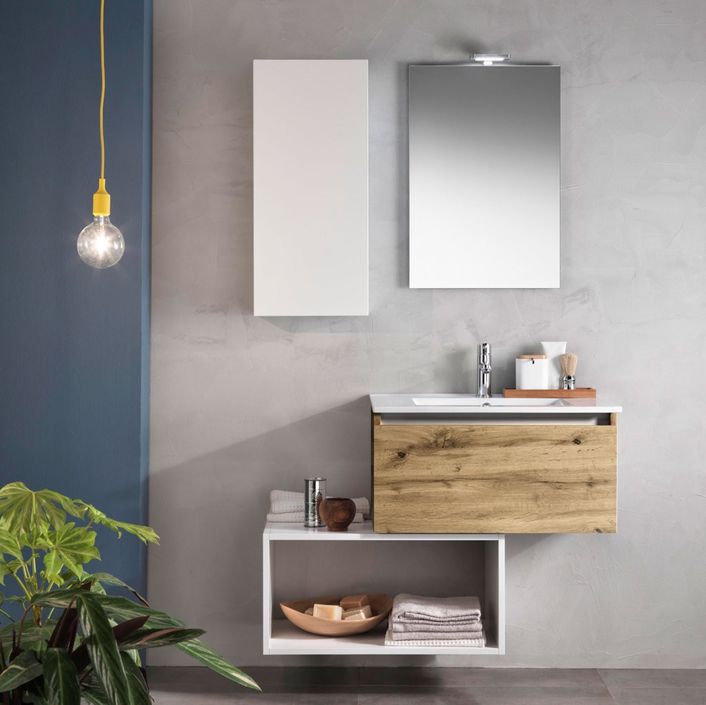 Ensemble meuble de salle de bain 1 étagère 1 armoire chêne clair et laqué blanc et miroir lumineux Teph L 70 cm - Photo n°1