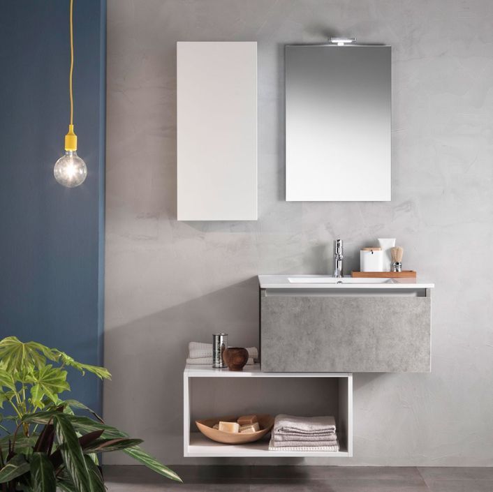 Ensemble meuble de salle de bain 1 étagère 1 armoire effet béton et laqué blanc et miroir lumineux Teph L 70 cm - Photo n°1