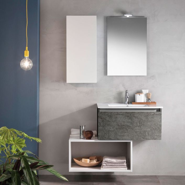 Ensemble meuble de salle de bain 1 étagère 1 armoire gris oxyde et laqué blanc et miroir lumineux Teph L 70 cm - Photo n°1