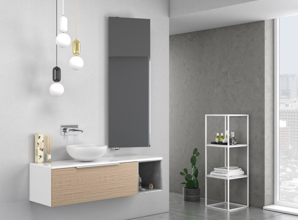 Ensemble meuble de salle de bain 1 tiroir blanc et chêne pierre grise et miroir Catan L 135 cm - Photo n°1