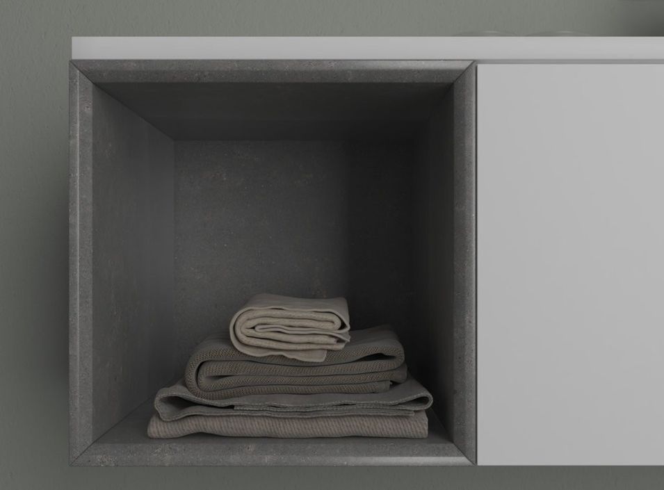Ensemble meuble de salle de bain 1 tiroir blanc et chêne pierre grise et miroir Catan L 135 cm - Photo n°3