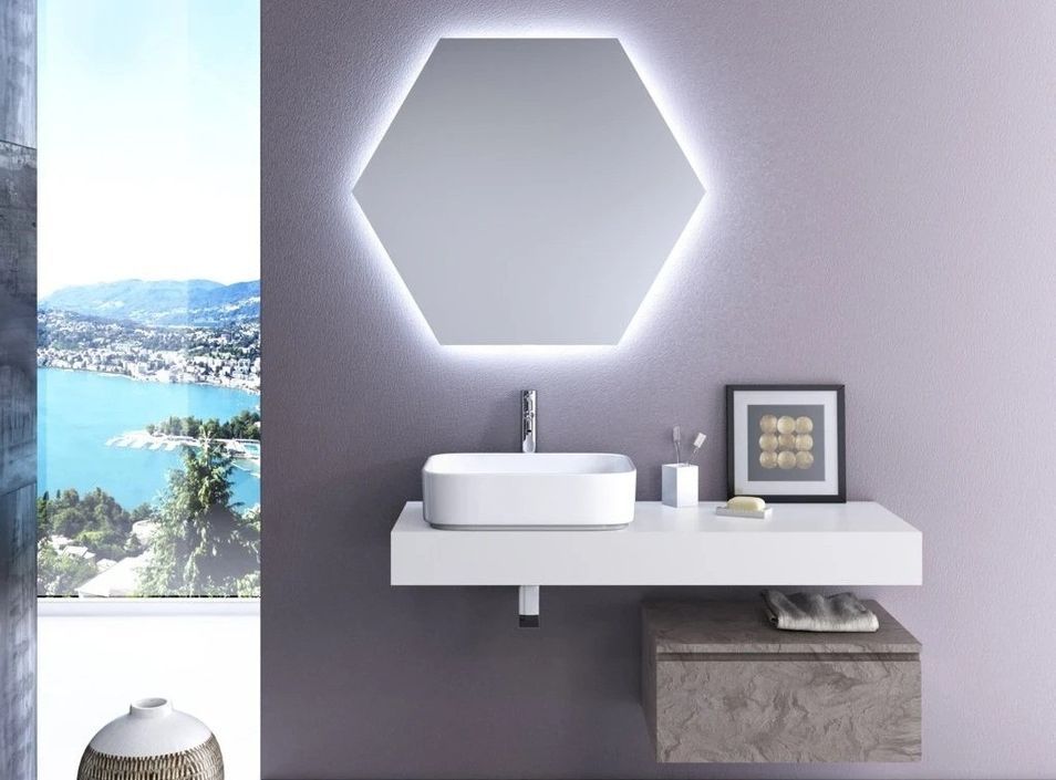 Ensemble meuble de salle de bain 1 tiroir blanc et gris effet pierre et miroir à LED Kyo L 120 cm - Photo n°1