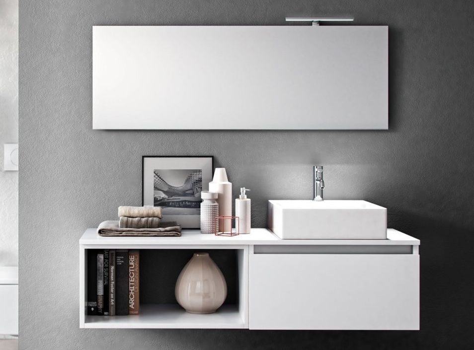 Ensemble meuble de salle de bain 1 tiroir blanc mat avec étagère et miroir à LED Teph L 140 cm - Photo n°1