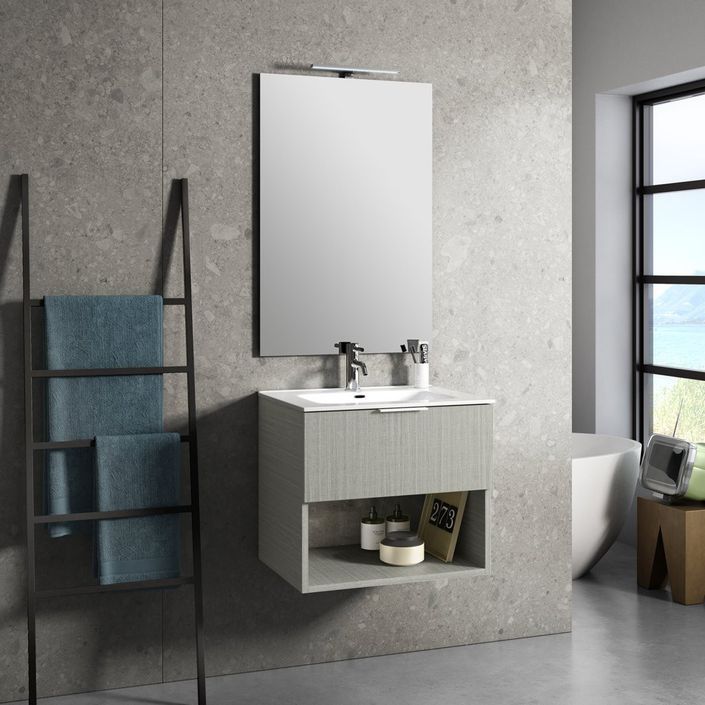 Ensemble meuble de salle de bain 1 tiroir bois beige et miroir lumineux Noe L 60 cm - Photo n°1