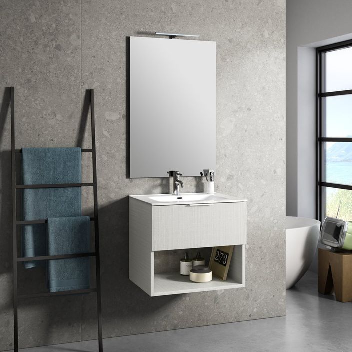 Ensemble meuble de salle de bain 1 tiroir bois blanc et miroir lumineux Noe L 60 cm - Photo n°1