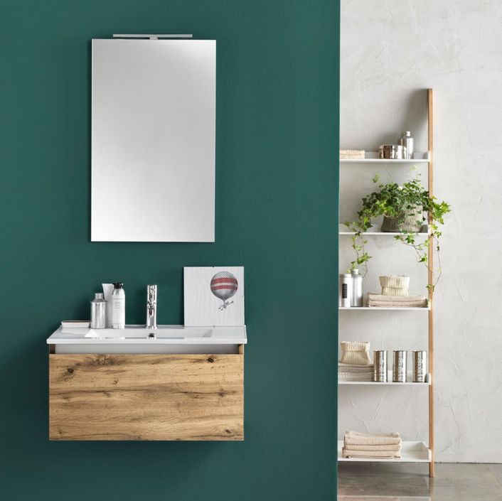 Ensemble meuble de salle de bain 1 tiroir bois chêne clair et miroir lumineux Teph L 70 cm - Photo n°1