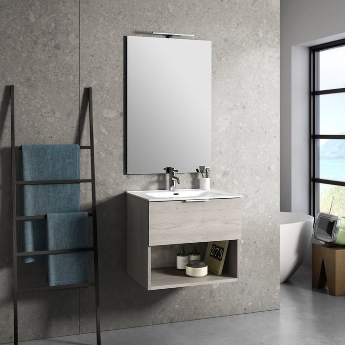 Ensemble meuble de salle de bain 1 tiroir bois gris clair et miroir lumineux Noe L 60 cm - Photo n°1