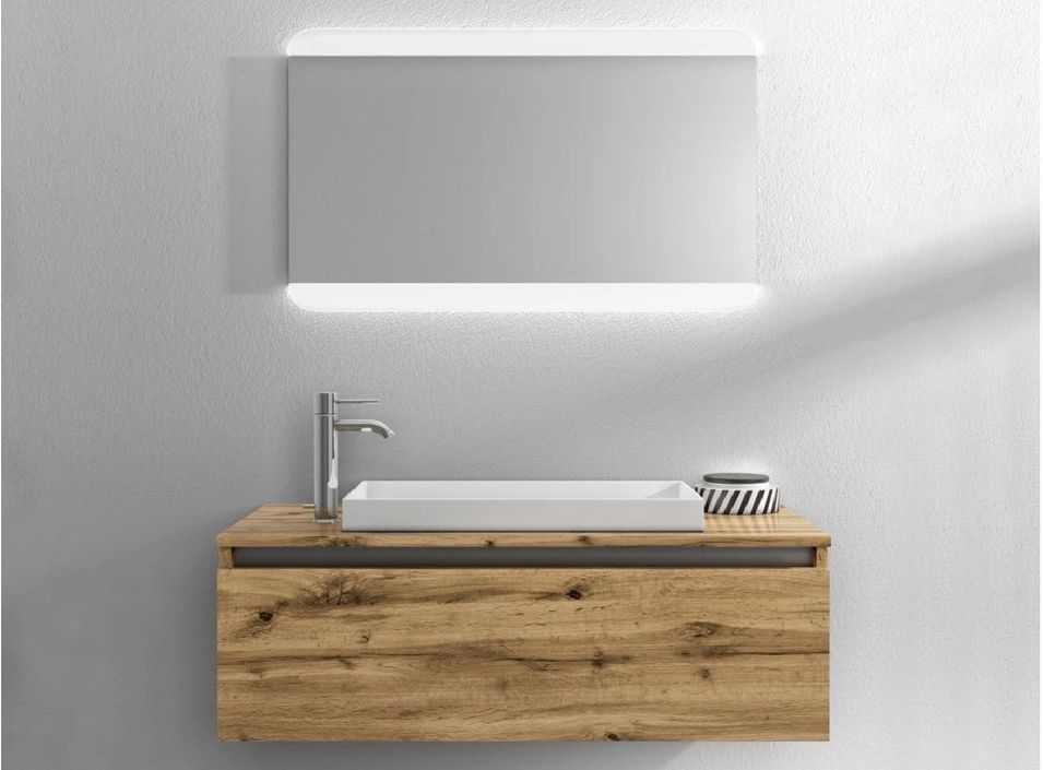 Ensemble meuble de salle de bain 1 tiroir chêne clair et miroir à LED Teph L 100 cm - Photo n°1