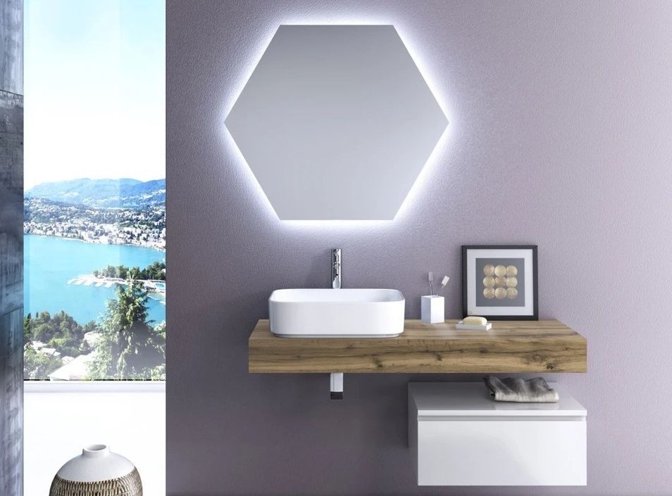 Ensemble meuble de salle de bain 1 tiroir chêne et laqué blanc et miroir à LED Kyo L 120 cm - Photo n°1