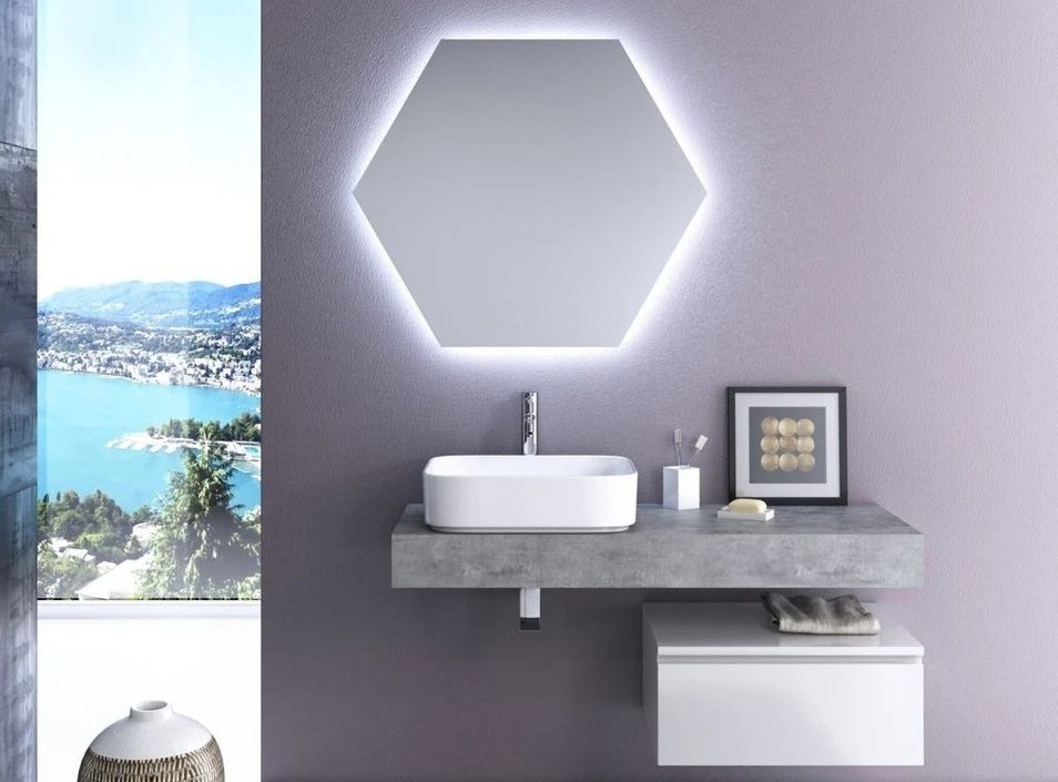 Ensemble meuble de salle de bain 1 tiroir effet béton et laqué blanc et miroir à LED Kyo L 120 cm - Photo n°1