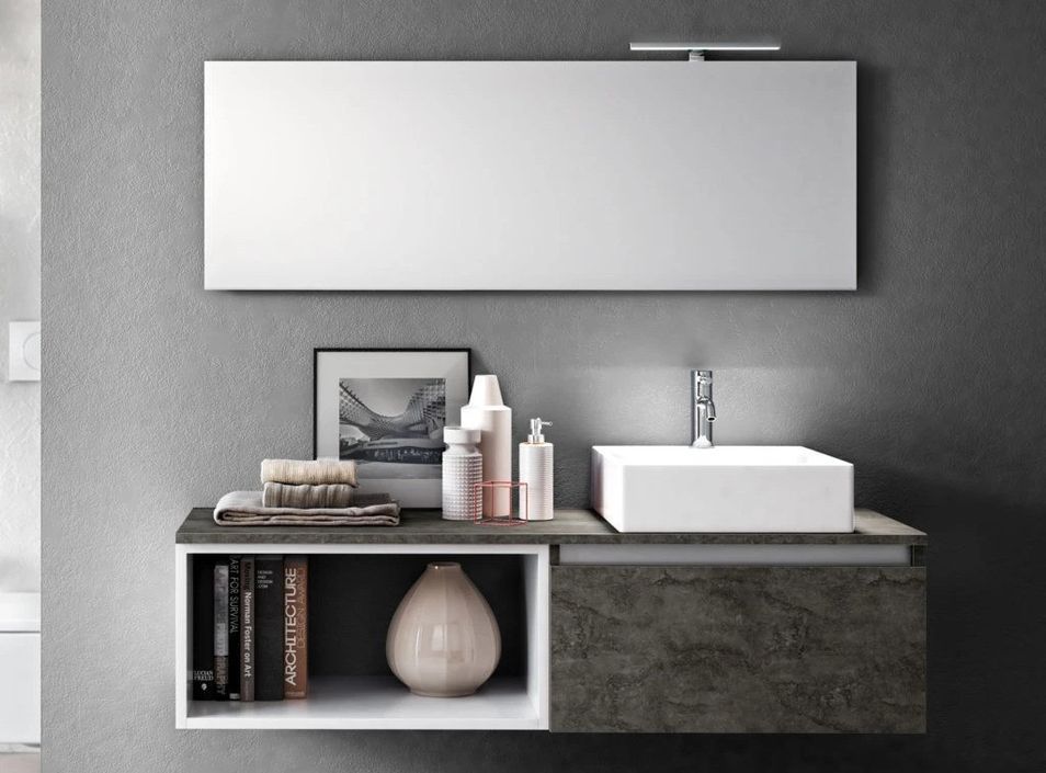 Ensemble meuble de salle de bain 1 tiroir gris oxyde avec étagère et miroir à LED Teph L 140 cm - Photo n°1