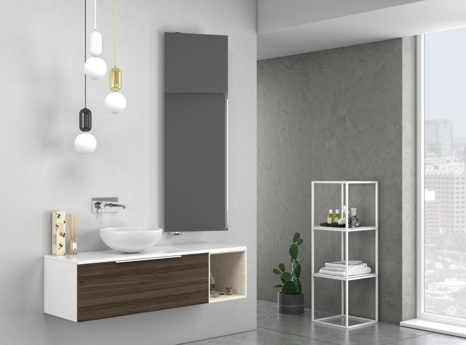 Ensemble meuble de salle de bain 1 tiroir laqué blanc et noyer et miroir Catan L 135 cm - Photo n°1