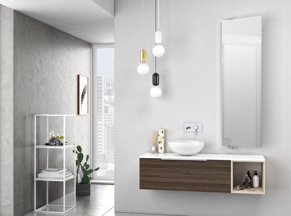 Ensemble meuble de salle de bain 1 tiroir laqué blanc et noyer et miroir Catan L 135 cm - Photo n°2