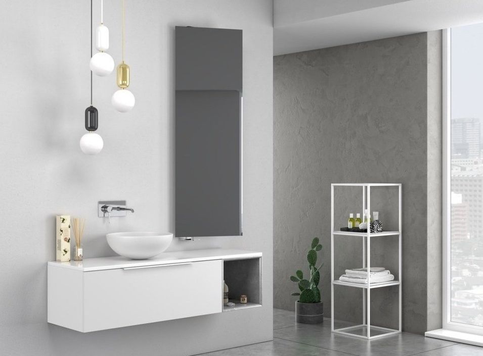 Ensemble meuble de salle de bain 1 tiroir laqué blanc et pierre grise et miroir Catan L 135 cm - Photo n°1
