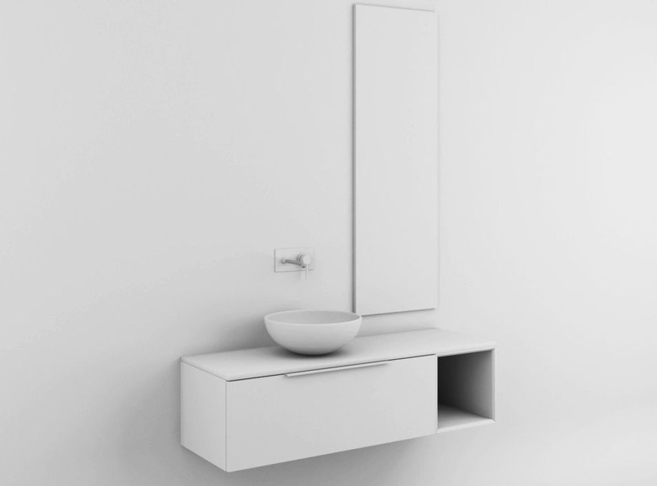 Ensemble meuble de salle de bain 1 tiroir laqué blanc et pierre grise et miroir Catan L 135 cm - Photo n°2